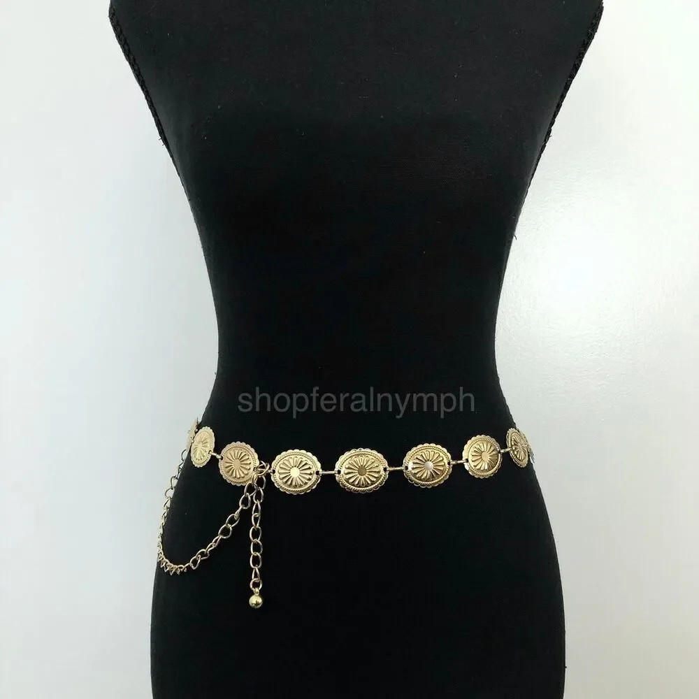Vintage Y2K Boho Gold Medallion Chain Belt, Fits 23.5–43 Inches, X7GA1187